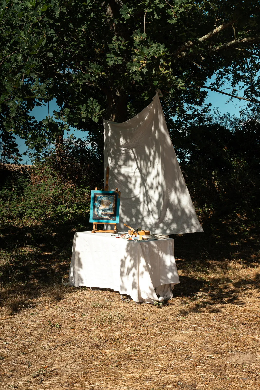 Une mosaïque exposée sur une table drapée de blanc, sous les arbres